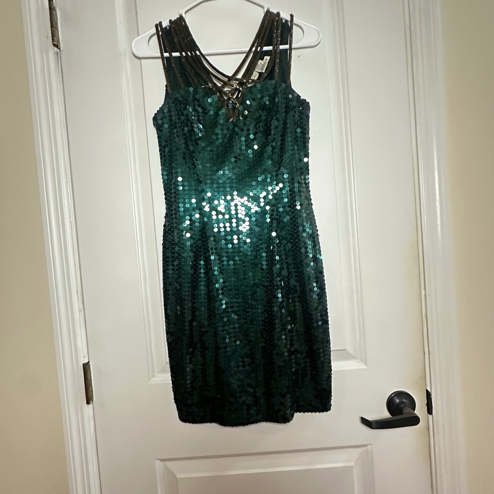 Niteline Della Roufogali Emerald Green Sequin Beaded Strap Cocktail Dress Size 6
